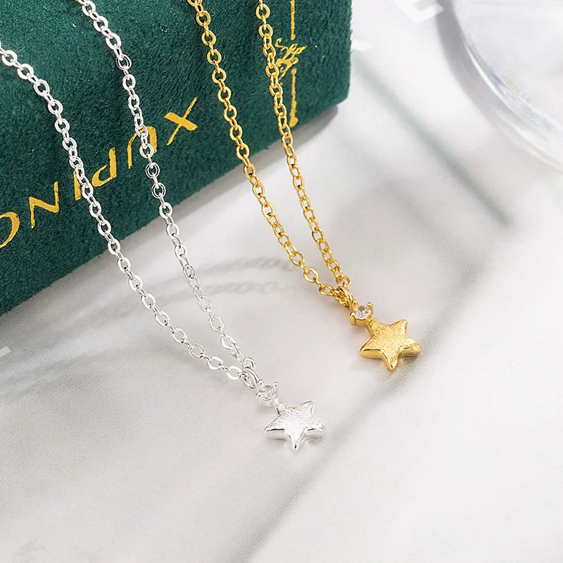 

Women New Matte Texture Mini Compact Single Diamond Heart Lucky Star 925 Sterling Silver Pendant Necklace Collarbone Chain