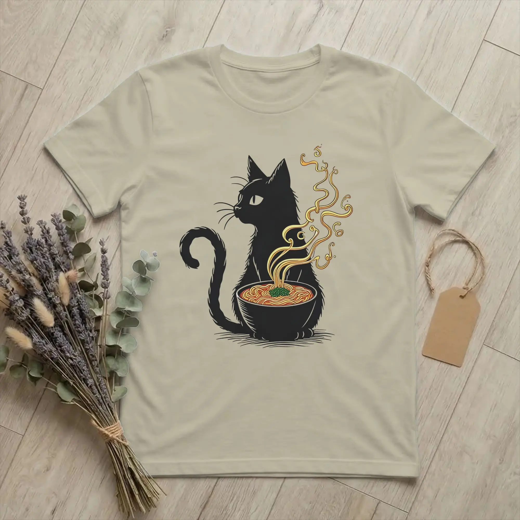Funny Black Cat Noodle Ramen T Shirt Men's Round Neck Short Sleeve Top Tee  Cotton Summer TopsTops