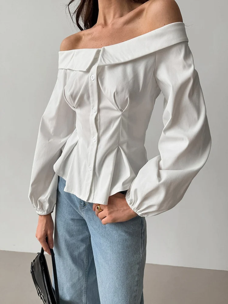 

New Autumn Elegant Slash Neck Off Shoulder Long-sleeved Single Breasted Women's White Shirt, Vintage Lady Sexy Chic Blouse Tops