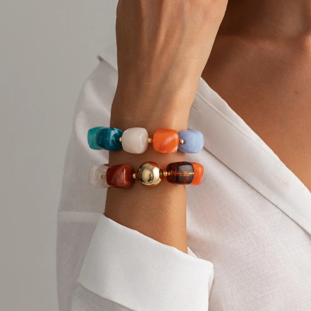 2pcs Retro Colorful Square Resin Beaded Bracelets Set for Women Marble Texture Acrylic Bead Elastic Bracelet Stackable Jewelry