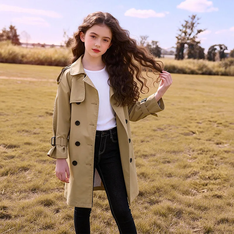 British Style Teen Girls Trench Jacket Spring Autumn Long Double-Breasted Lapel Windbreaker For 4-12Y Girls Stylish Overcoat