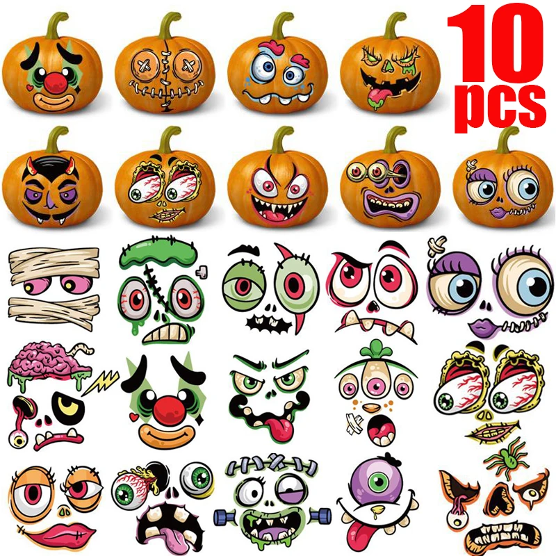 10Sheets Halloween Funny Expression Pumpkin Stickers Big DIY Pumpkin Stickers Halloween Window Helmet Laptop Trunk Decor Sticker