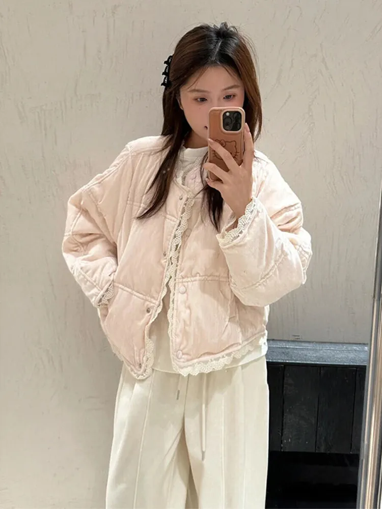 

Korean Sle ort Pink Lace Trim Cotton Jaet Women's Winter Warm Coat Casual Loose Fit Long Sve Single Button Closure