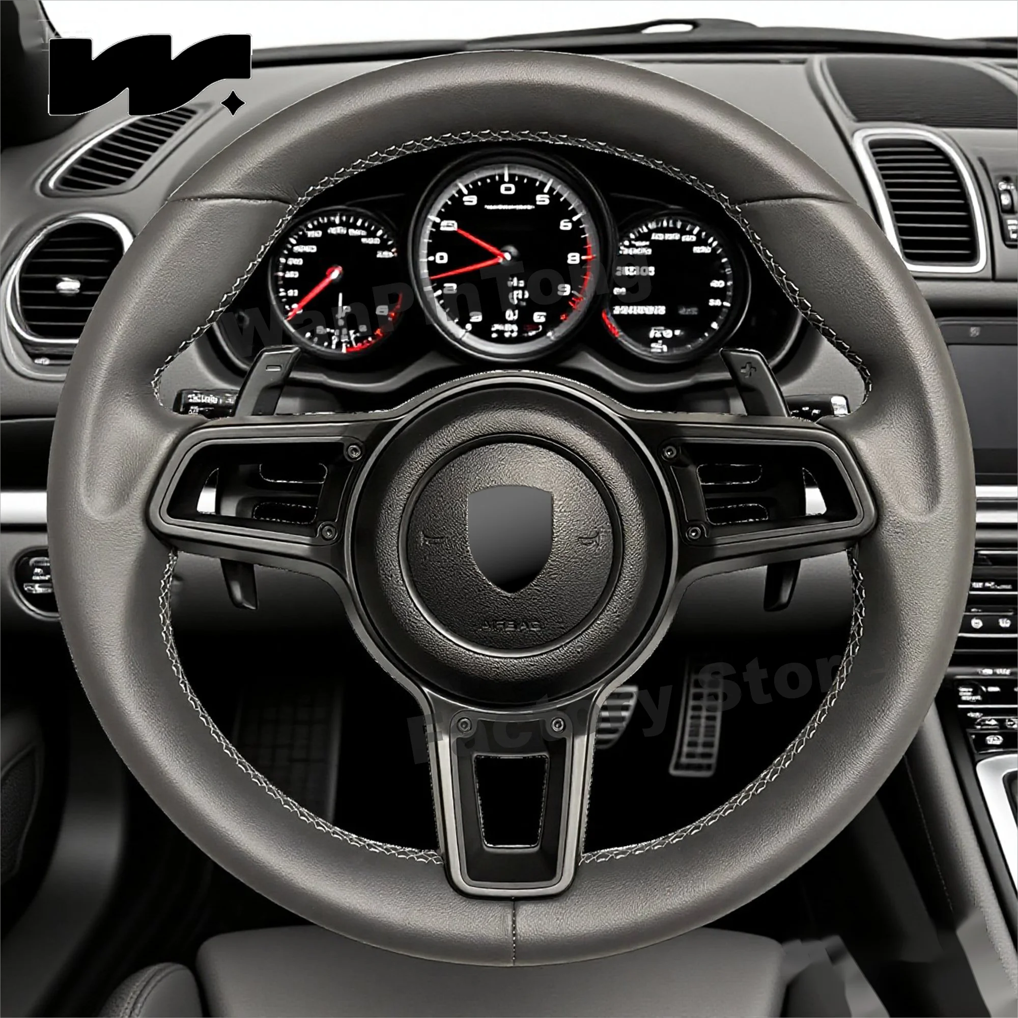 

Customized for Porsche silver grey leather steering wheel, Cayenne Macan Boxster Cayman Taycan Panamera Carrera 718