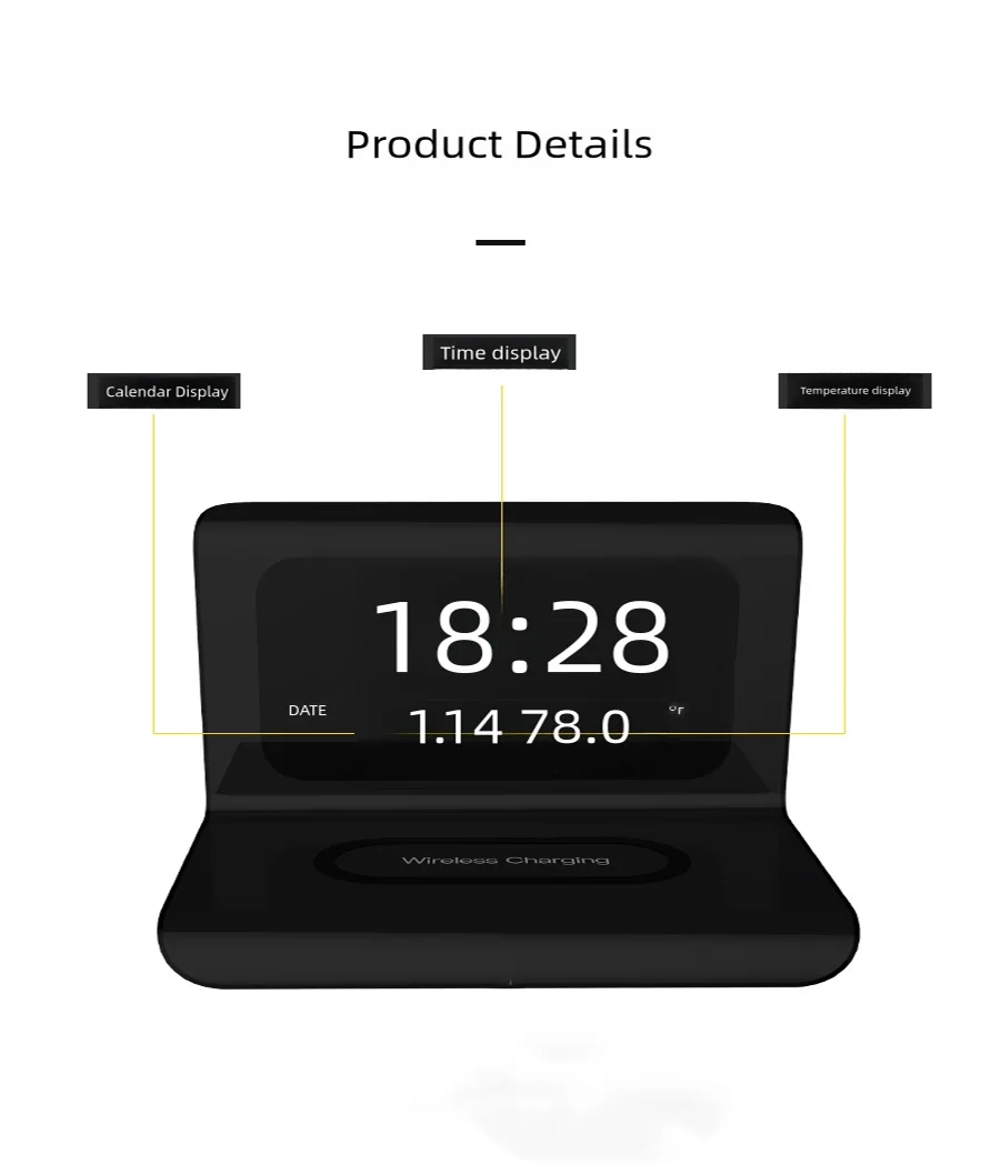 100W fast Wireless Charger Pad Stand with Alarm Clock Thermometer for iPhone 15 14 13 12 Xiaomi Samsung  Phone  Charging Station