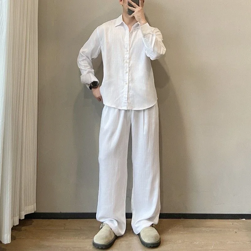 Loose Fit Linen Shirt And Pants Set for Men White Summer Thin Style Two Piece Casual Comfortable Breathable Male Fashion