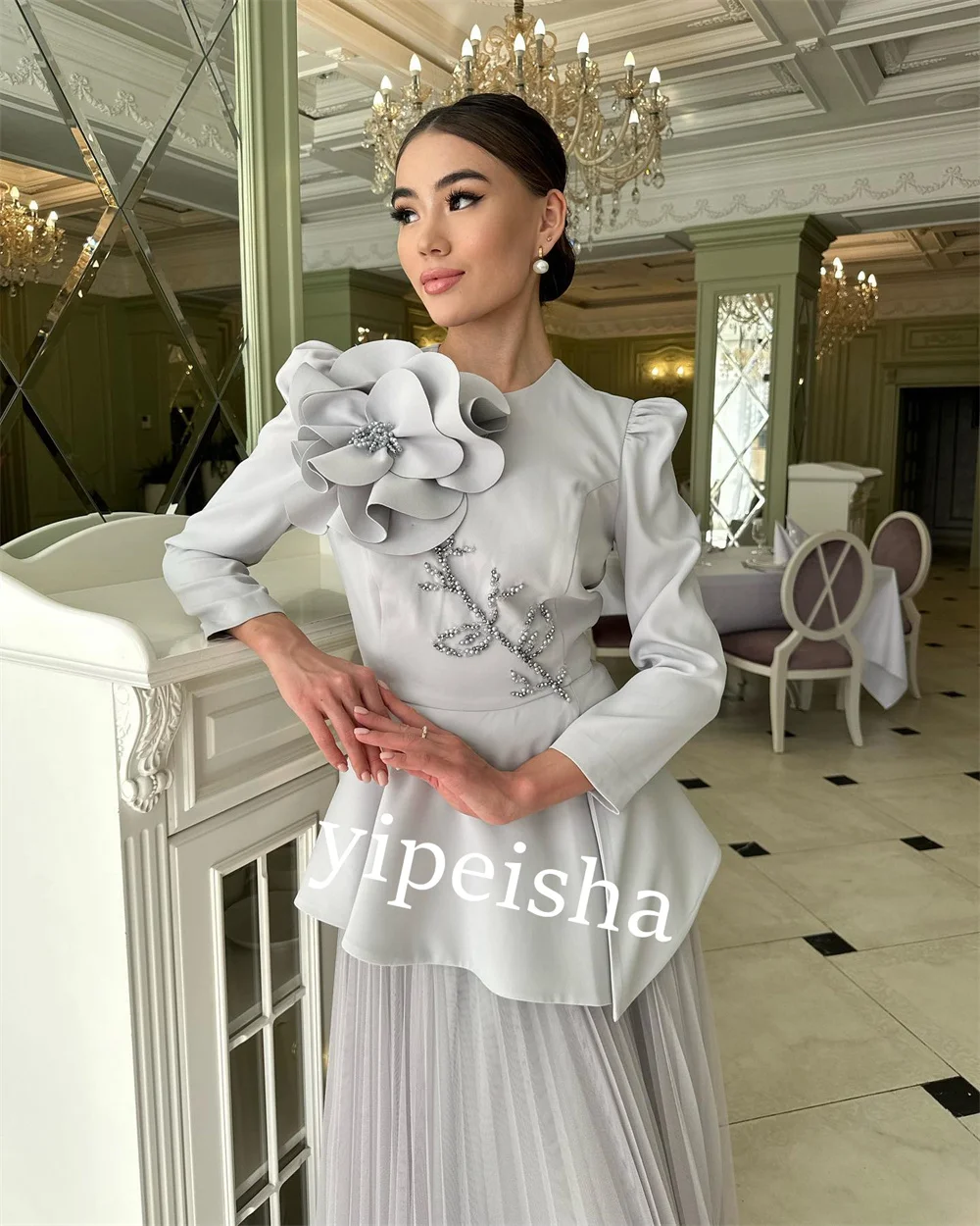 Customized Jersey Draped Beading Flower Formal Evening A-line O-Neck Bespoke Occasion Gown Long Dresses