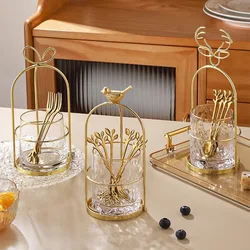 Luxury Gold Gold Stainless Steel Fruit Fork Shelf Dessert Cake Fork Home Spoon Storage Can Cartoon Metal Bird Crafts Home Decor