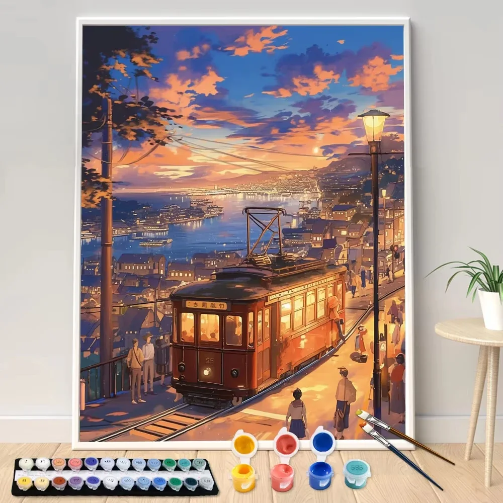 DIY Digital Painting Paint By Numbers Cable Car At Night Handpainted Painting Art Picture Artcraft on Diamond Unique Gift