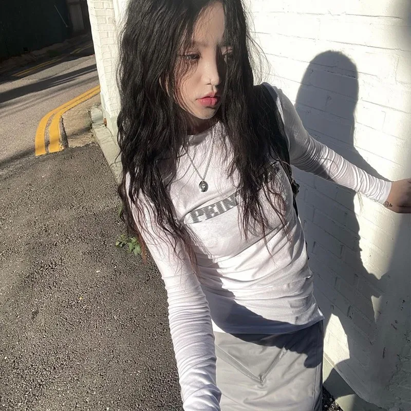 Karrram Grunge Letter Print T-shirt Korean Fashion Long Sleeve Tee Shirt Vintage Japanese Harajuku Slim Tops Kpop Streetwear Y2k