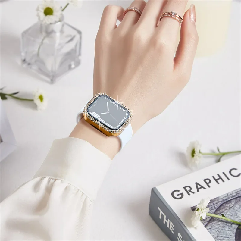 Diamond Cover per Apple Watch Case 45mm 41mm 44mm 40mm 42mm 38mm protezione dello schermo del paraurti in vetro temperato IWatch Series 7 8 9 SE 3