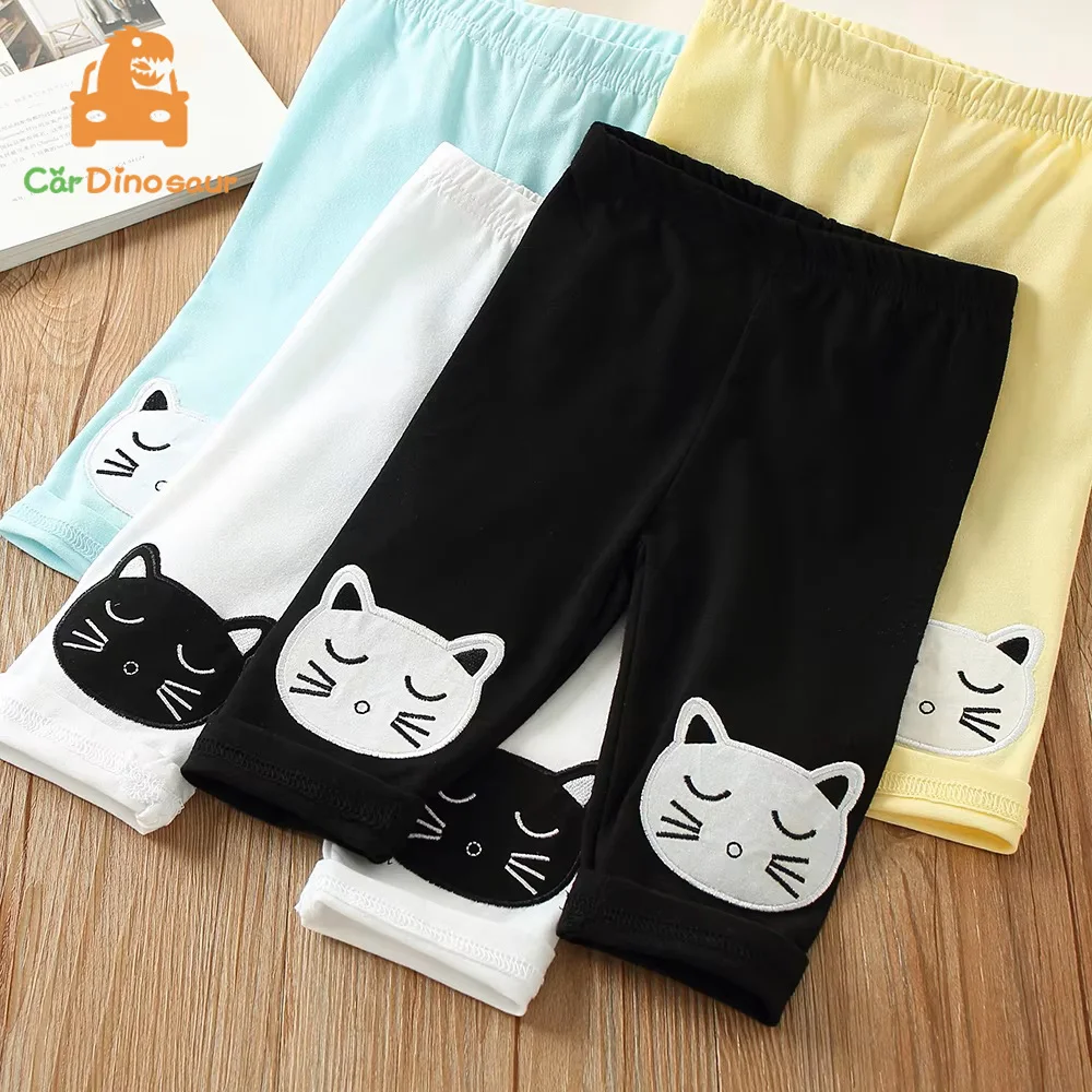 

2025 Summer 2 3 4 6 8 10 Years Baby Kids Children White Black Green Cat Print Basic Capri Thin Little Girls Knee Length Leggings