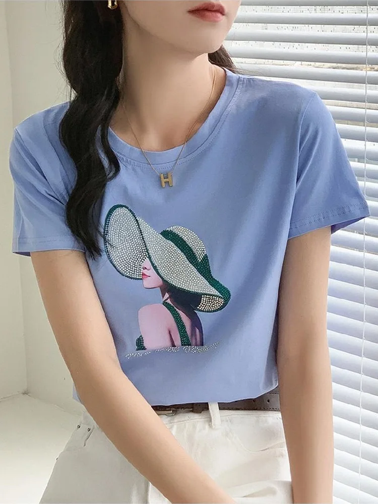 TuangBiang 2023 Diamond Embellished Cotton T-Shirts Summer Rhinestones Patchwork Casual O-Neck Loose Tee Elegant Print Lady Tops