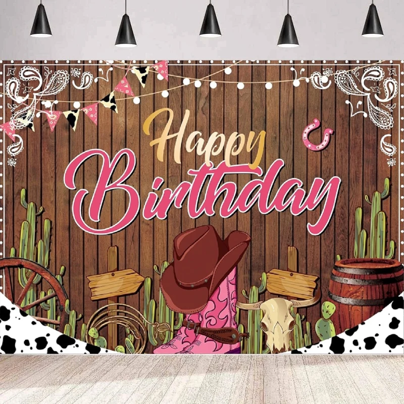 Western Cowgirl Birthday Photography Backdrop Farmhouse Wooden Plank Retro Cactus Cow Hat Boots for Woman Background Wall Banner