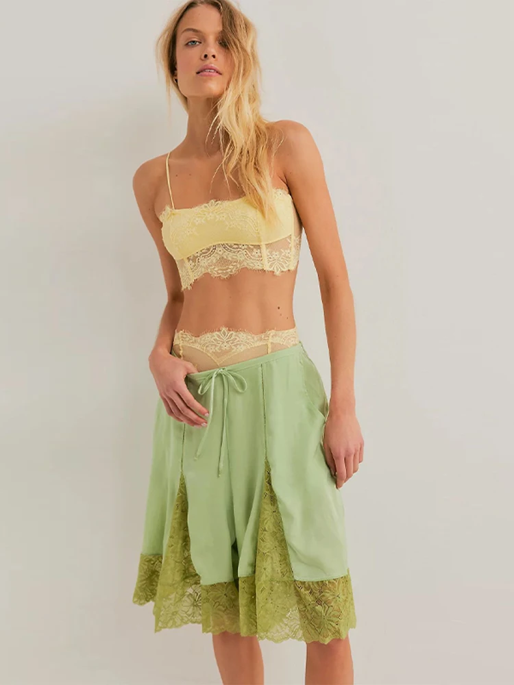 Lace Patchwork Shorts Women's Satin Pants Trim Bermuda Trousers High-Waisted Drawstring Loose Casual Wide-Leg Summer Wear