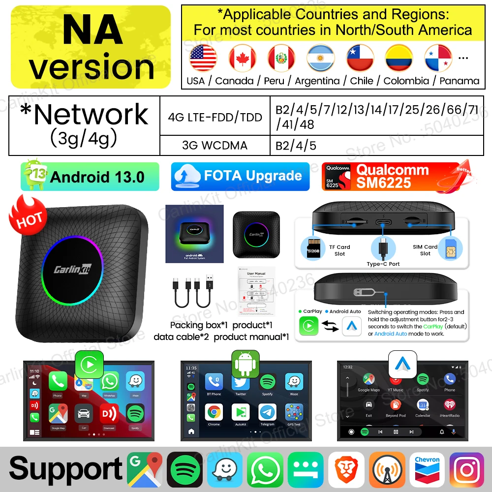 CarlinKit LED Android 13 TV Box SM6225/SDM660 8-Core Draadloze CarPlay & Android Auto Ai Box GPS Ondersteuning Netflix/IPTV/TF/SIM-kaart