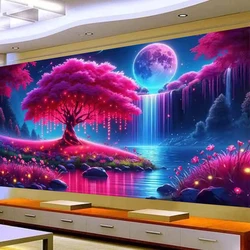 Mysterious Enchanting Sakura Pink Tree,Waterfall Moon Nature DIY Diamond Painting,Mosaic Embroidery,Cross Stitch Kit,Home Decor