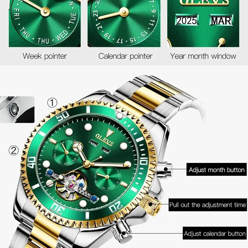 OLEVS 6605 Men\'s Watches Multifunctional Luminous Waterproof Stainless steel Automatic Mechanical Watch for Men