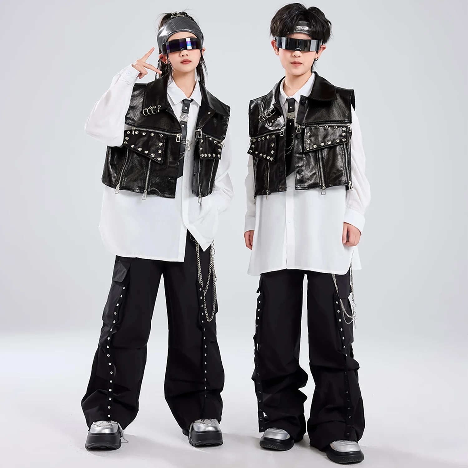 Cool หล่อ Hip Hop Dance เครื่องแต่งกายเด็กกลองแสดงเสื้อผ้าหนังสีดําเสื้อกั๊กกางเกงสูทสาวคอนเสิร์ตเวทีชุด BL15672