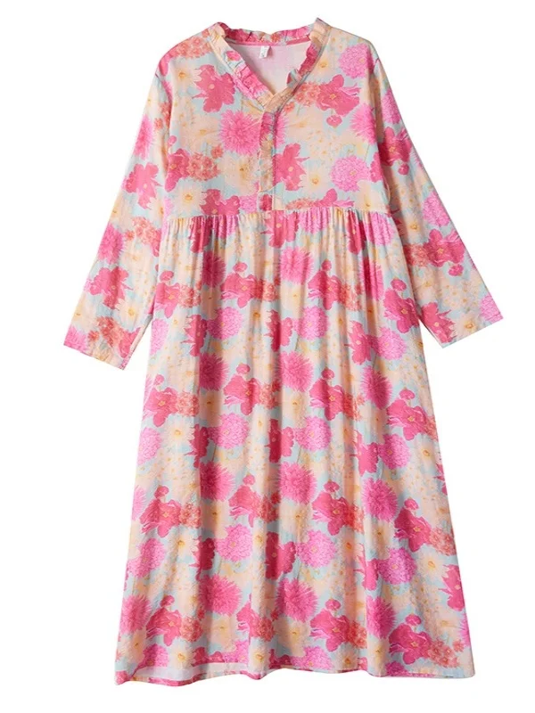 Red Lotus Herbst Neue Retro Baumwolle Leinen Druck Lose Beiläufige Ohr Musoom Rüschen Kragen Lange Sve Maxi Dr Floral Trim