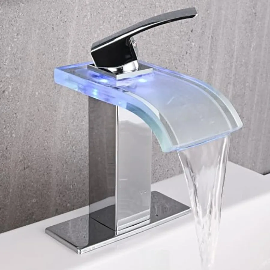 

Bathroom sink faucet chrome metal waterfall style single-hole installation with wide glass spout includes metal pop-up drain an