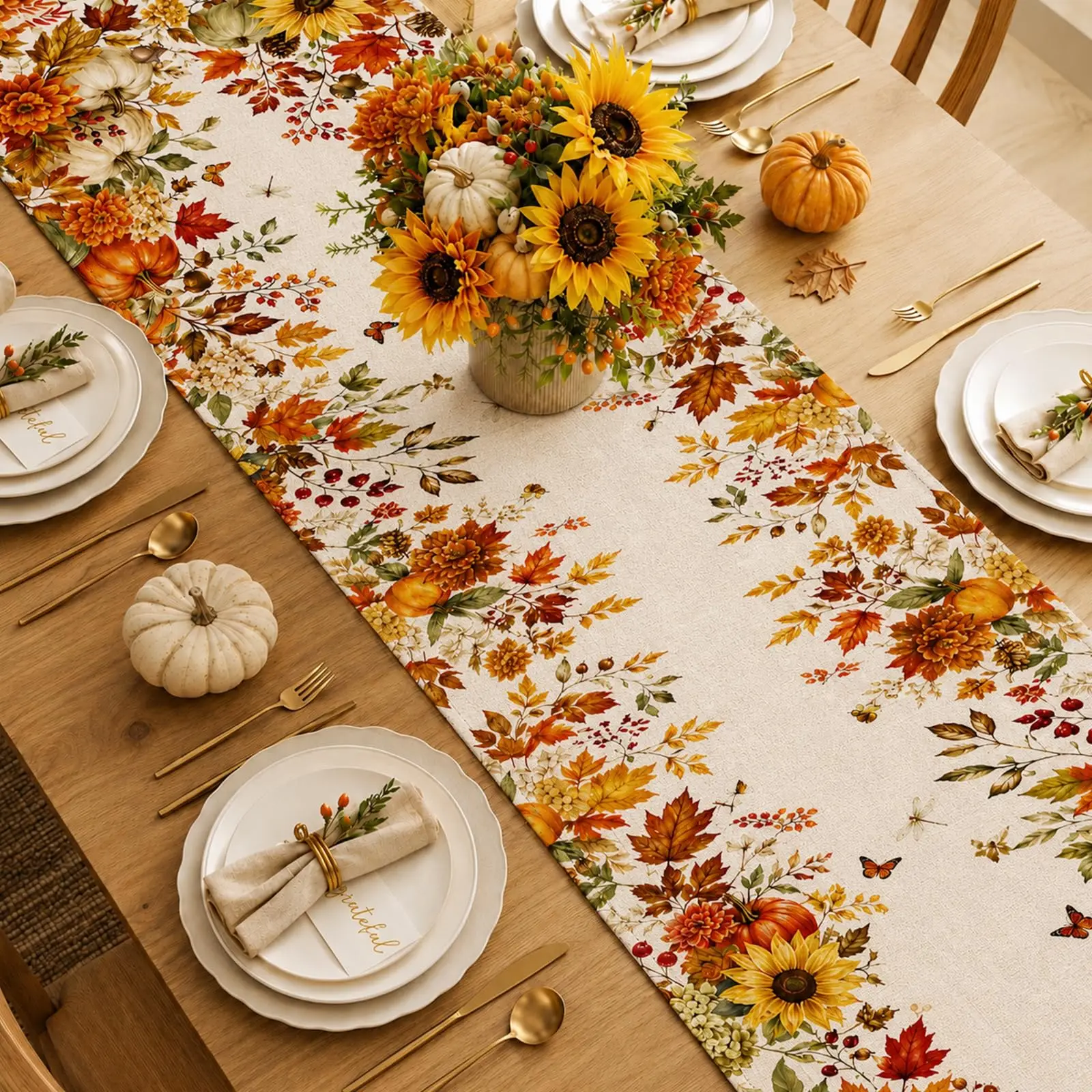 1pc Autumn Sunflower Pumpkin Maple Leaf Table Runner Thanksgiving Farmhouse Style Table Decoration for Dining Table Kitchen Fall