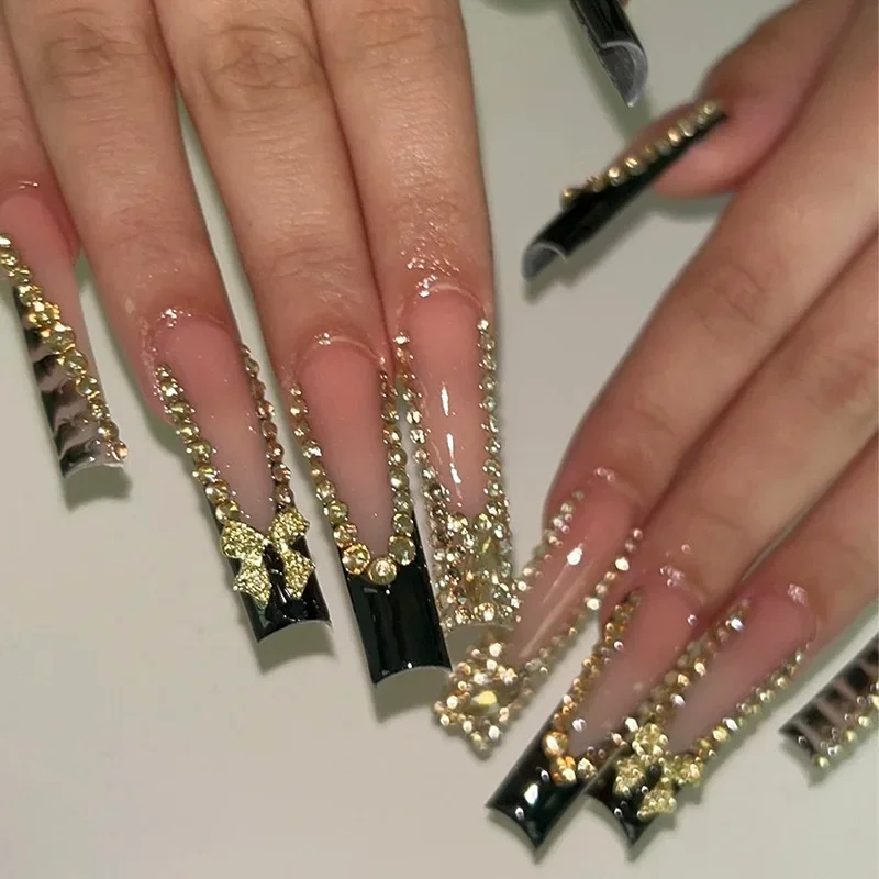 24Pcs Extra Long Square Press On Nails, Nude with Black French Tips & Gold Rhinestone Bow Fake Nails