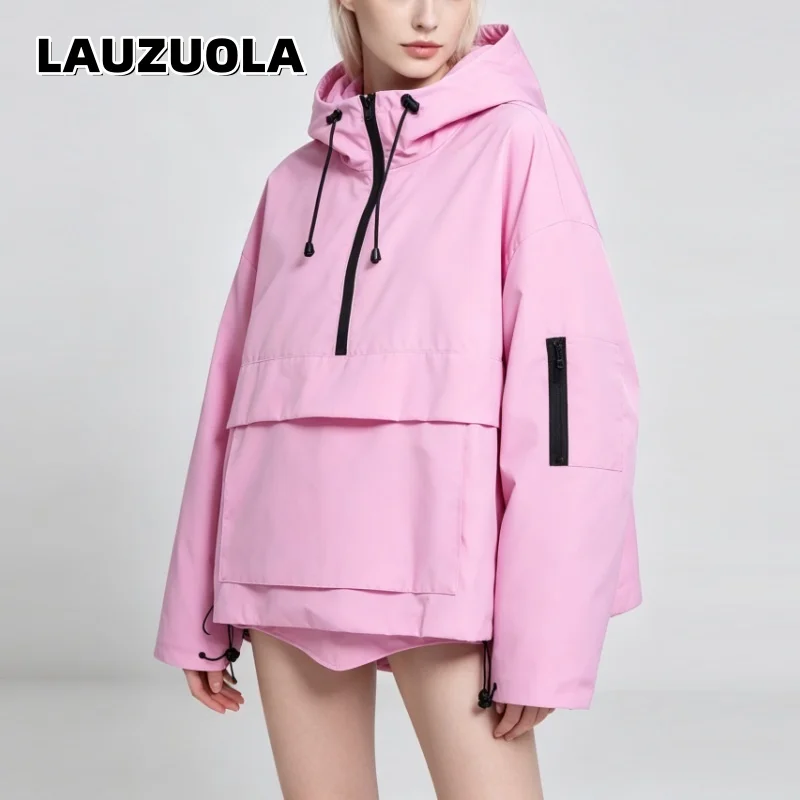Women’s Pink Hooded Windbreaker Jacket Casual Loose Coat with Pockets Lightweight Outdoor Windproof Jacket for Daily Travel