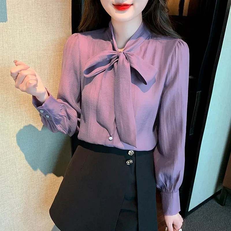 女性用シルクシフォンブラウス,婦人服,レースアップボウシャツ,ルーズフィット,オフィス,韓国ファッション,春,2021