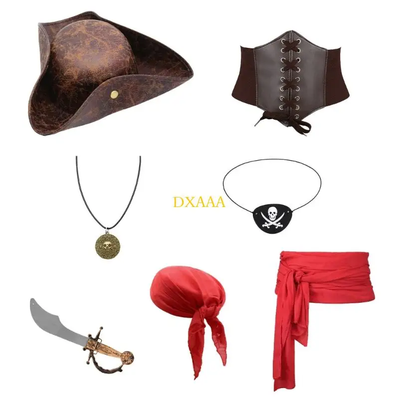 

DXAA набор из 7 предметов, пиратский головной платок, шляпа, аксессуар для костюма Карибана, полиэфирная ткань