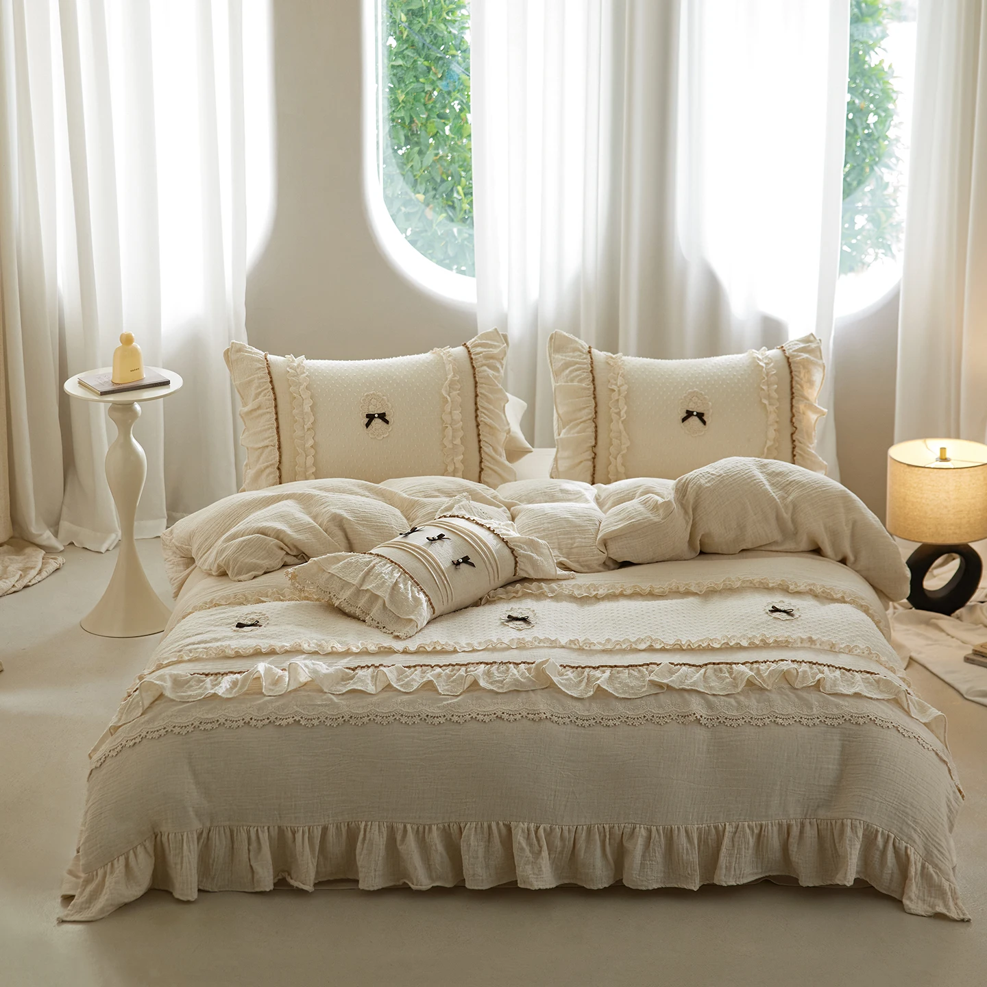 Vintage French Lace Ruffles Bow Bedding Set Cotton Linen Blend Double Yarn Duvet Cover Flat/Fitted Bed Sheet Pillowcases 4Pcs