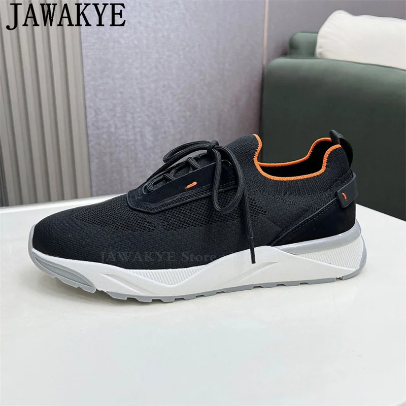 New Men\'s Knited Lace-up Sneakers Shoes Multicolour Casual Comfortable Elastic Flat Shoes Luxury Brand Trainers Walk Shoes Man