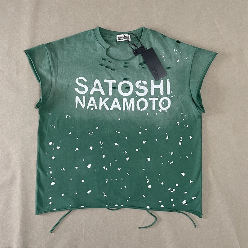 American High Street Men's Satoshi Nakamoto T-Shirt Tank Top Splatter Print Destroyed Loose Washed Casual Sleeveless Tops Vest