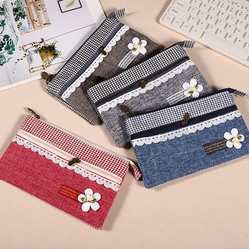 Vintage Lace Trim Floral Fabric Cosmetic Pouch, Plaid Linen Zipper Coin Purse, Handmade 3D Flower Decor Storage Bag, Portable