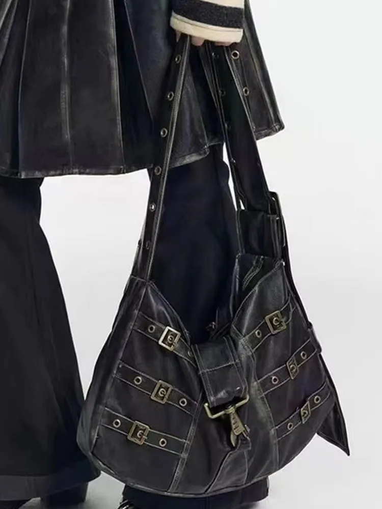 Damen-Y2K-Umhängetasche, lässige Tote-Bag im Heavy-Industry-Punk-Stil des Millenniums, Jugend-Umhängetasche mit breitem Schulterriemen und Nieten – Detail 3