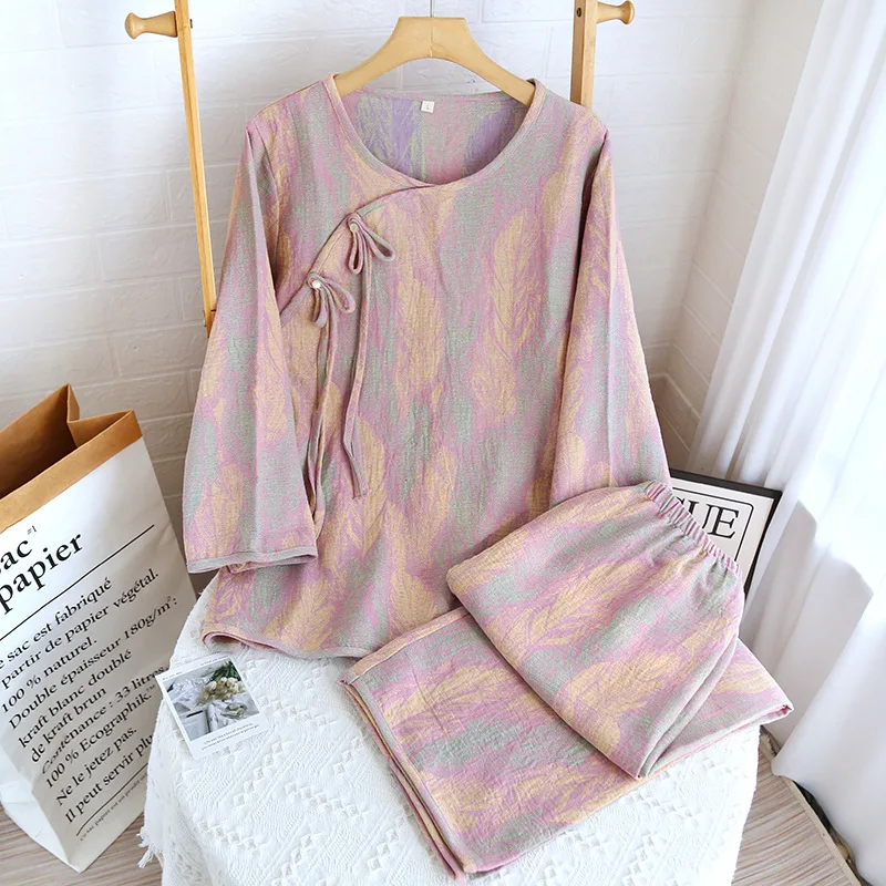 Piyama katun musim gugur baju tidur wanita dua potong manis pakaian rumah wanita Jacquard Retro piyama musim dingin kerah bulat Piyama Pour Femme