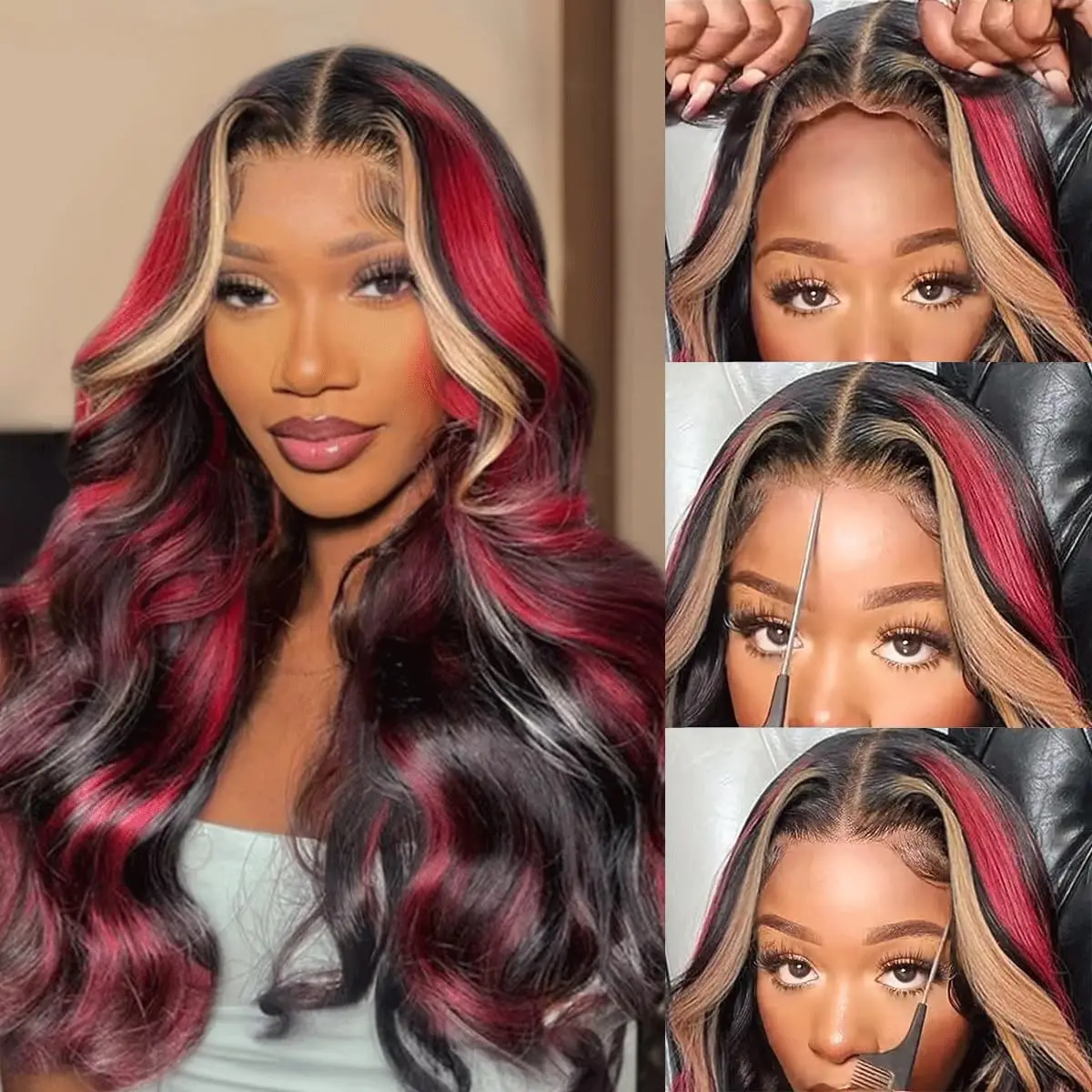 

13X6 Burgundy Ombre Lace Front Wig 24Inch Human Hair Body Wave Pre Plucked Highlight
