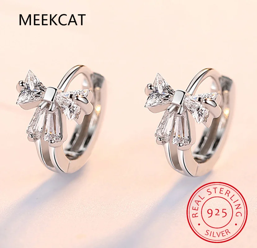 Cute Bowknot Zircon CZ Small Huggie Hoop Earring For Women Girls Baby Kid Child 925 Sterling Silver Anti-Allergic Jewelry Aretes