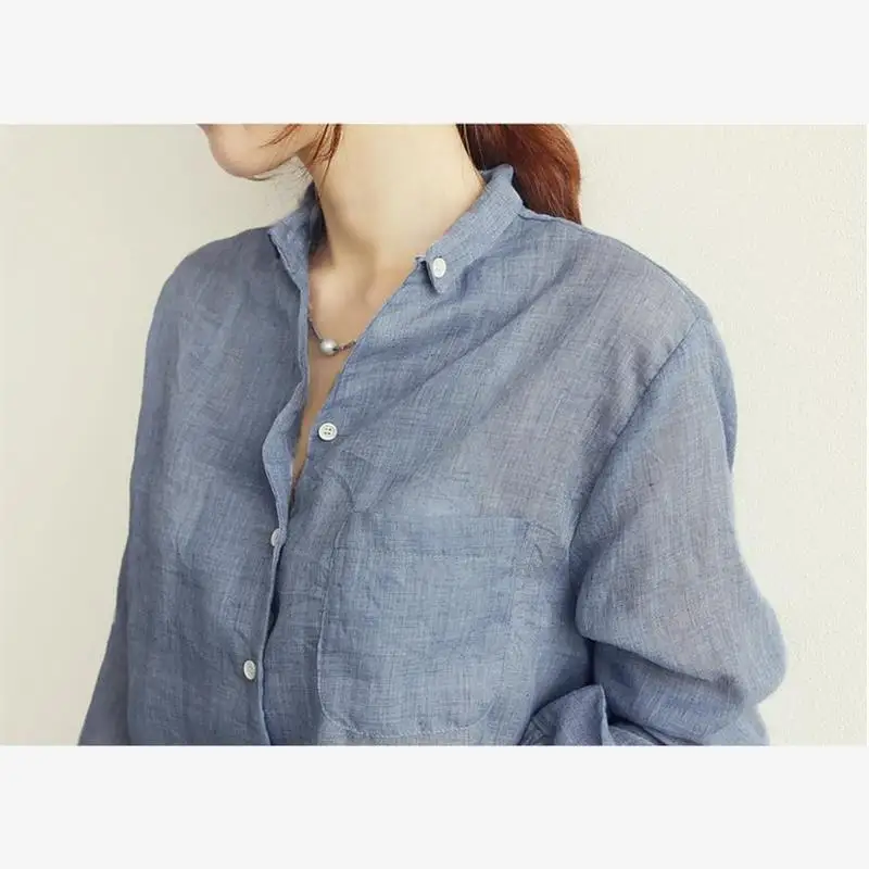 Summer Fashionable Cotton Linen Shirt Women's Long Sleeve Harajuku Style Commute Denim Blue Base Layer College Wind Shirt