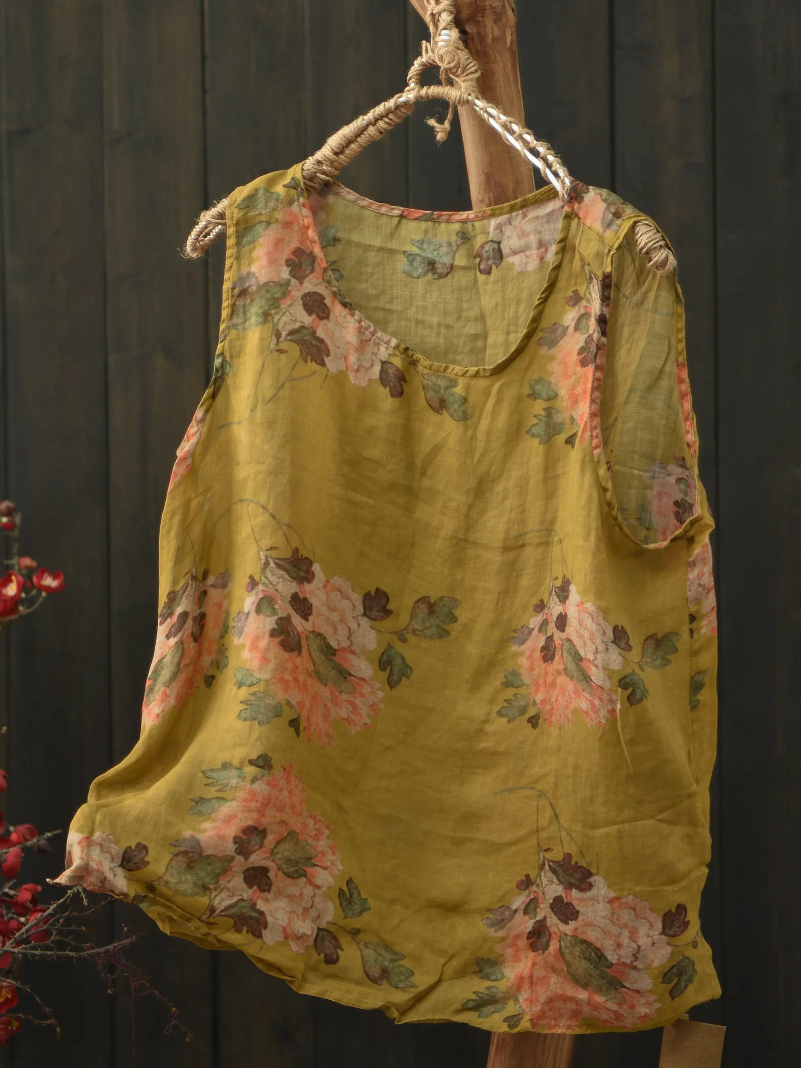 High-End Artistic 100-Strand Flax Printed Thin Vest Women's Summer Loose round Neck Breathable Semi-Transparent Base Shirt