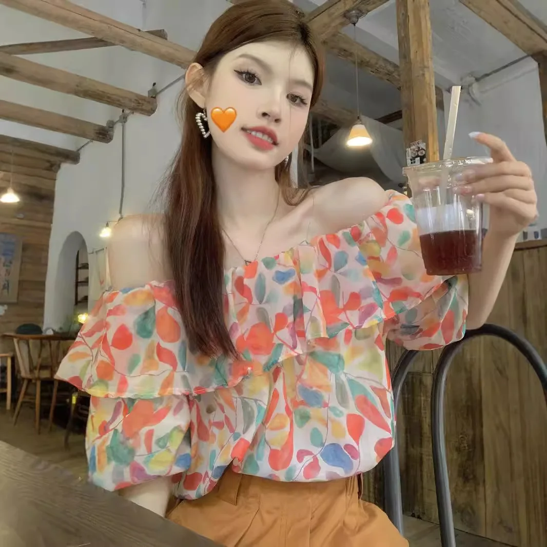 

Sweet Floral Chiffon Bubble Sleeve One Shoulder Shirt Women's Summer New Design Sensation Short Sleeve Unique Top
