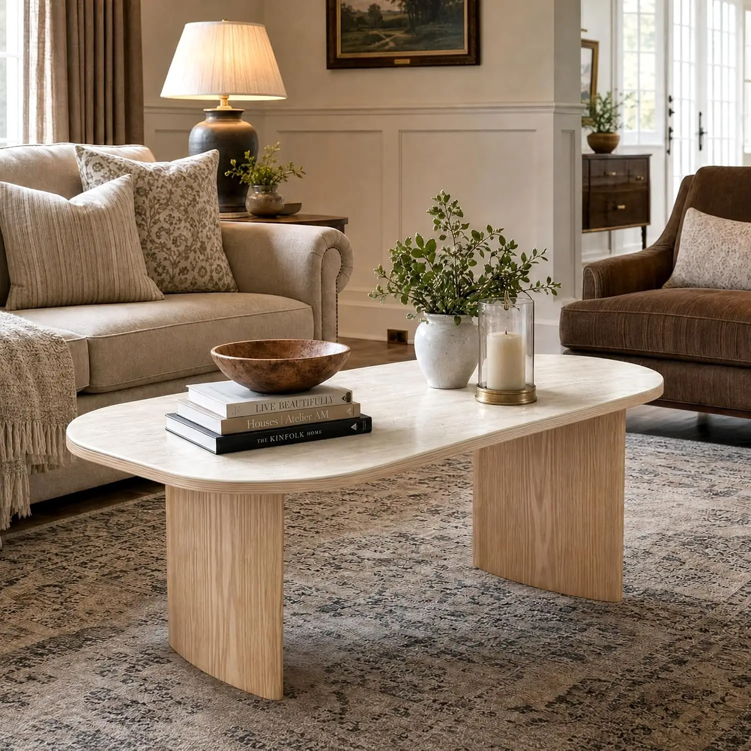 Sintered Stone Coffee Table, Natural Wood Look Base, Modern Sculptural Design, Living Room Center Table, Customized