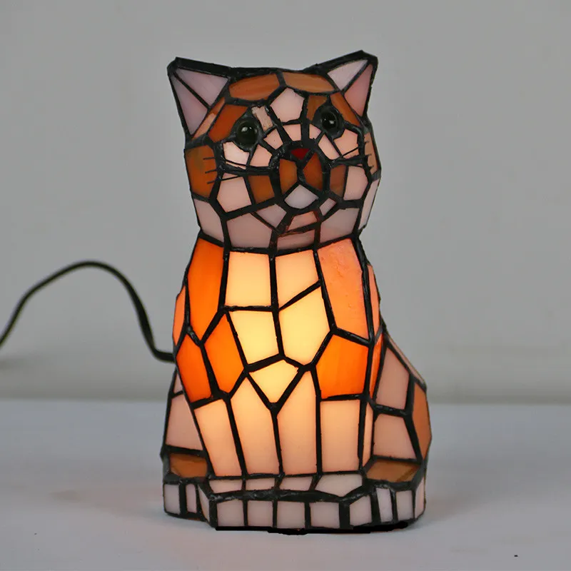 

Tiffany Cute Animal Glass Table Lamp Art Decor Home Bedside Cat Dog Night Lights Bedroom Study Reading Gifts Living Room Decor