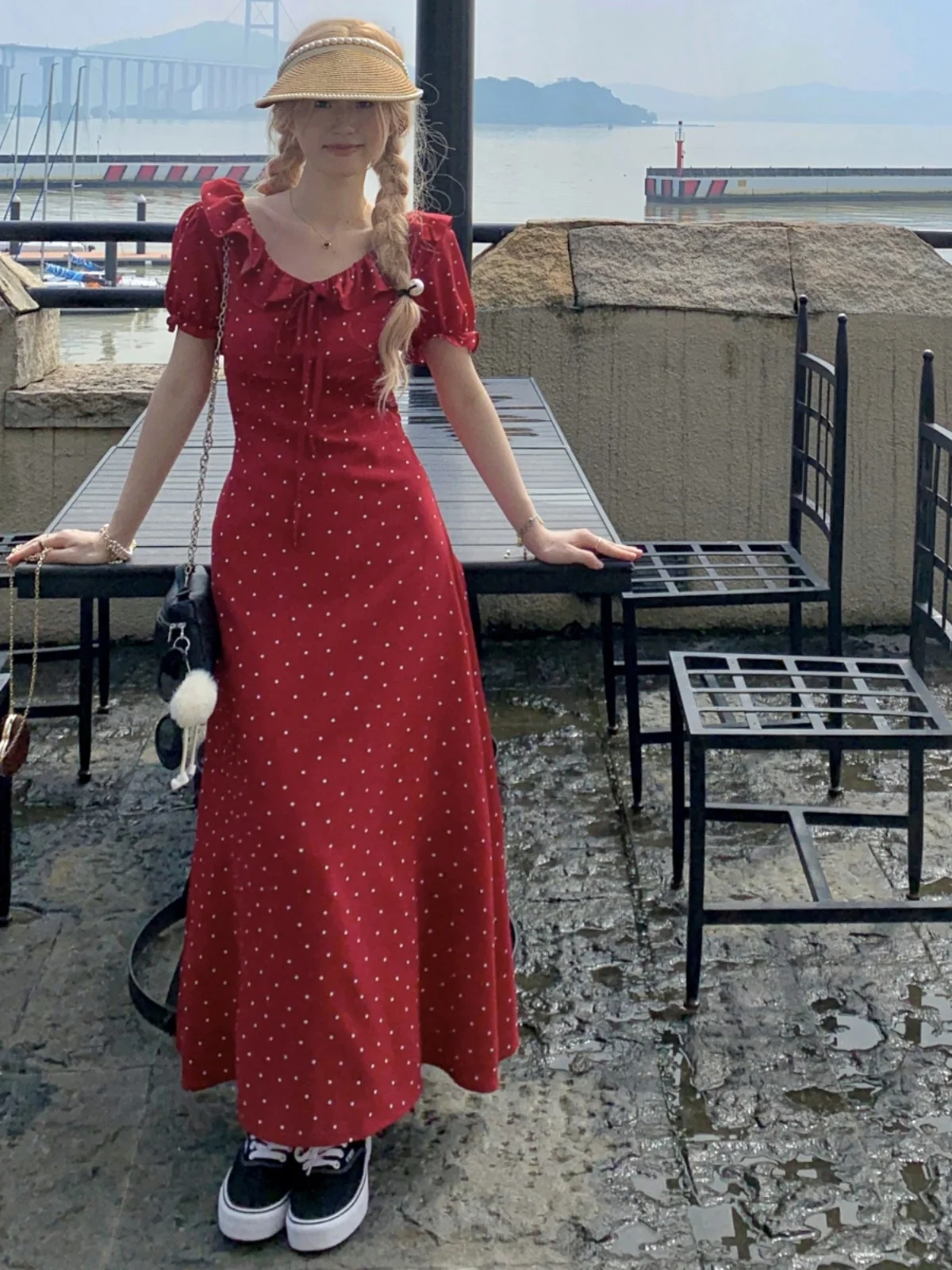 

plus Size Women's Red Floral Print Bubble Sve Dr Summer New Sle Waist Cinched A-Line Long Dr Korean Sle Commute