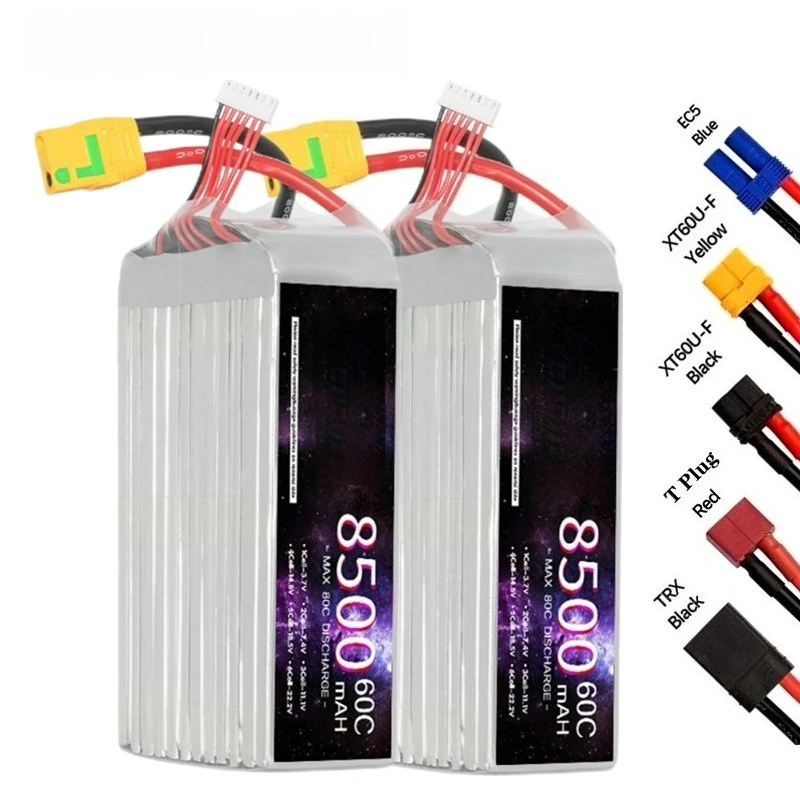 6S 60C 22.2V 8500mAh Rechargeable Lithium Polymer Battery for Aeromodelling Drone Airplane with T XT60 XT90-S EC5 EC8 Plug