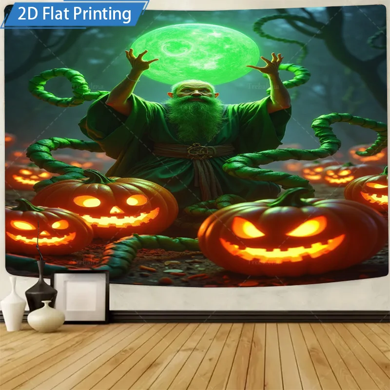 

1шт настенный гобелен волшебник на Хэллоуин с тыквой и зеленой луной гобелен настенный