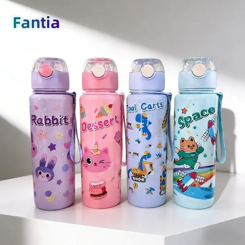 

Бутылка для воды с рисунком животных, 700 мл, пластиковый материал с соломинкой и ручкой, прочная, яркая и модная, с рисунком кролика, кошки