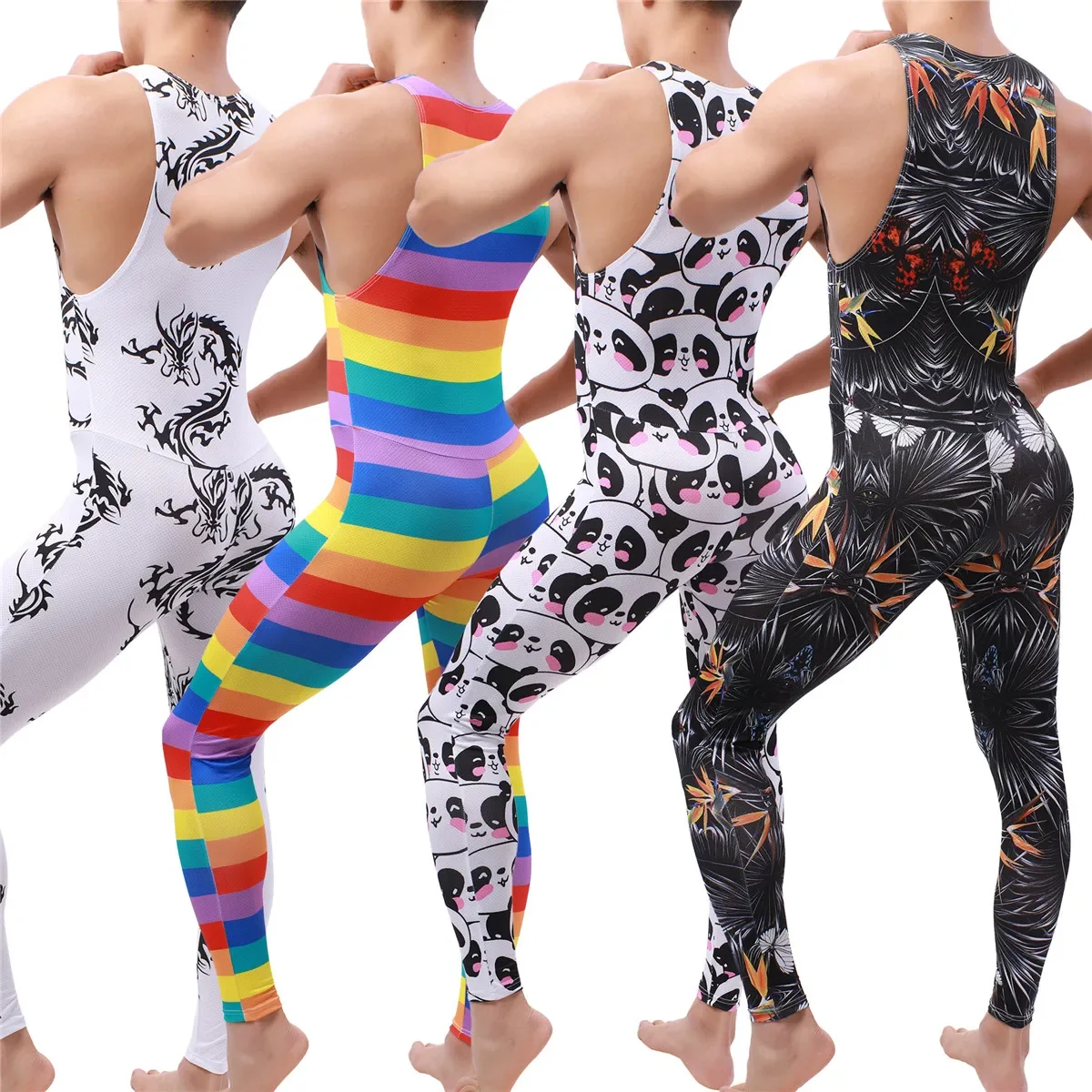Mens Jumpsuit Sexy Printing Sleeveless Rompers One-Piece Pajamas Male Sleepwear Sexy Adult Onesies Long Leotard Lounge Homewear
