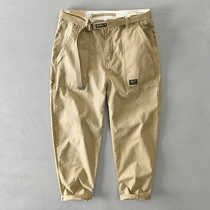 

Spring Autumn New Pure Cotton Men Cargo Pants Men Clothing Casual Loose Belt Mid Waist Slim Fit Joggers Men Trouser