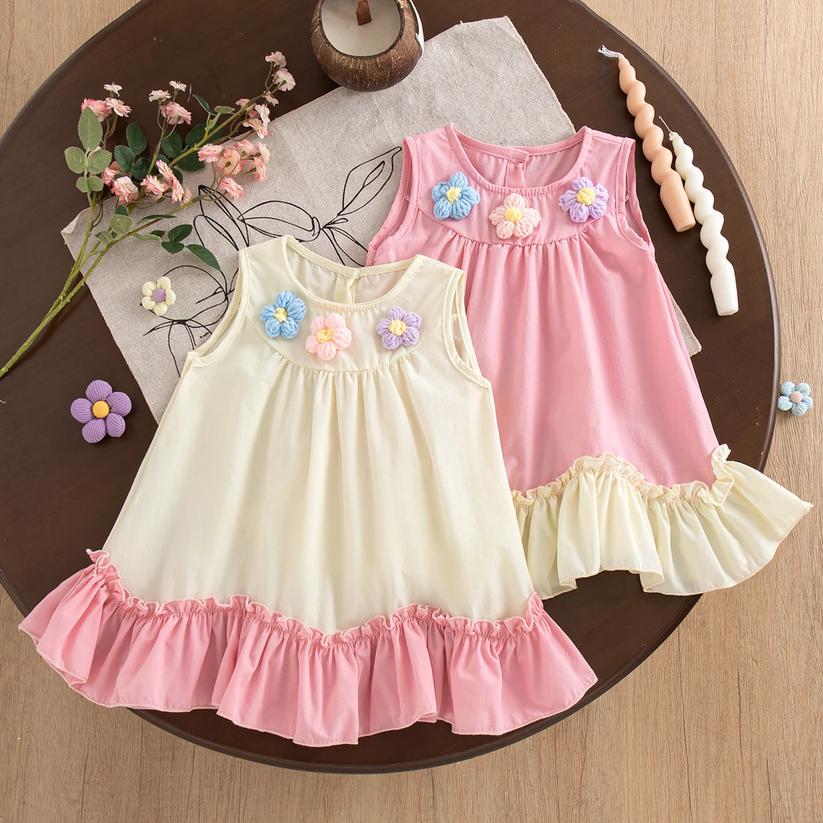 Summer New Cute Flower Baby Girl Dress Sweet Color Blocked Children'S Sleeveless Clothes (9 Months -4 Years Old)